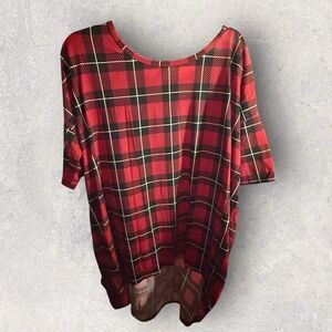 NWT LuLaRoe Irma Shirt Hi Low Blk/Wht/Red Plaid 2XL  Pull On Short Sleeves Women